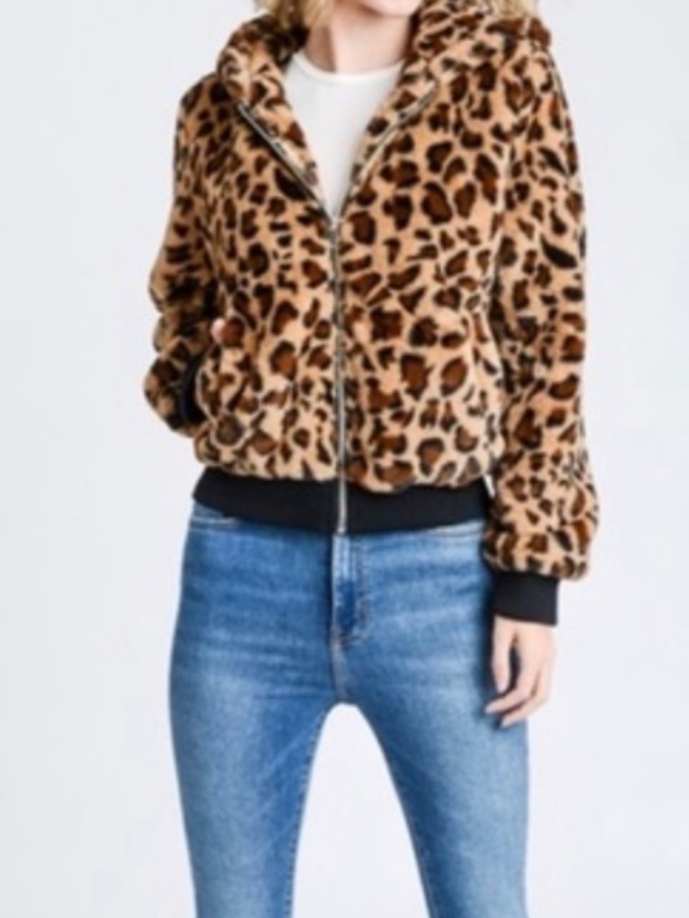 LOVE TREE | Faux Fur Leopard Print Hooded Jacket Small